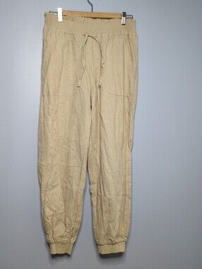 Love Tree Linen Blend High Waisted Drawstring Jogger Pants Khaki Sz L